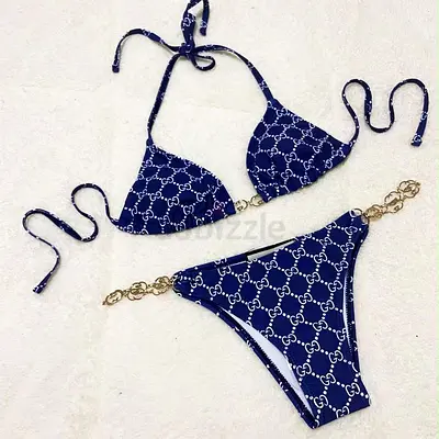 Gucci Navy Logo Print Two-Piece Bikini with Gold Chain Detail
