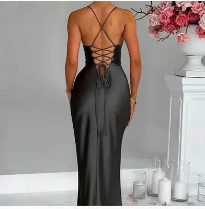 Charcoal Maxi Satin Evening Dress, Size XS
