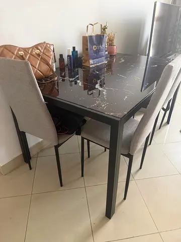 Black Marble-Top Dining Table with 6 Upholstered Chairs