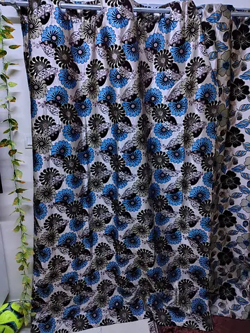 Pair of floral fabric curtains - blue, black and beige (ready to hang)