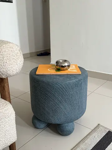 Small round PU ottoman stool with ball feet - blue/grey