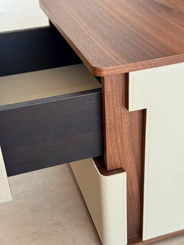 Modern wooden bedside table / nightstand with leather accents