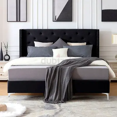 King Size Upholstered Bed Frame with Tufted Headboard - Black