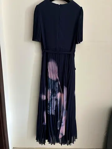 Phase Eight Navy Pleated Midi Dress with Floral Print (UK size 16 )