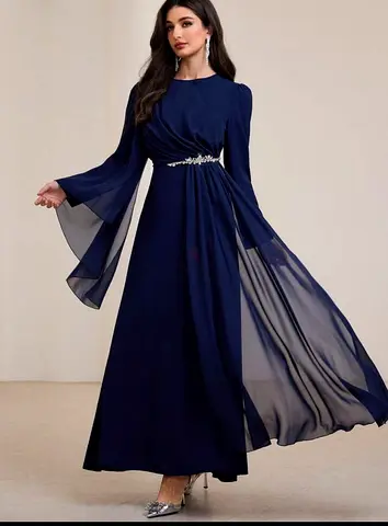 Navy Blue Maxi Evening Dress with Sheer Draped Sleeves worn once