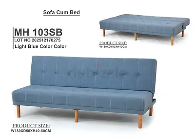 Light Blue Sofa Cum Bed - MH 103SB, Wooden Legs, Convertible