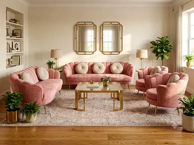 Pink Velvet 3-Seater Sofa Set with Accent Chairs