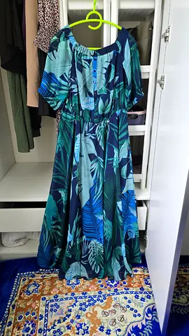 Green and blue tropical print summer dress
