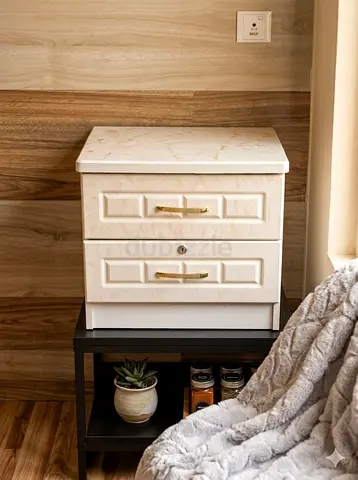 White 2-Drawer Bedside Table with Marble Top and Gold Handles
