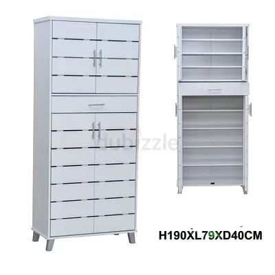 Tall White Multi-Shelf Shoes Cabinet with Drawer - 190cm H