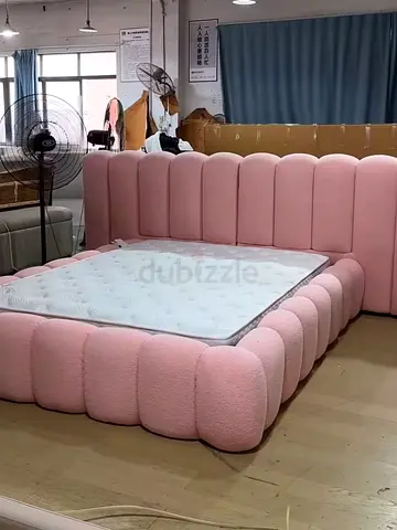 Modern Pink Upholstered Fluffy Bed Frame with High Headboard