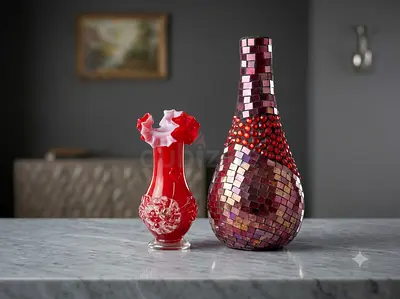 Pair of Decorative Red Vases — Mosaic Bottle and Ruffled Cranberry Glass Vase