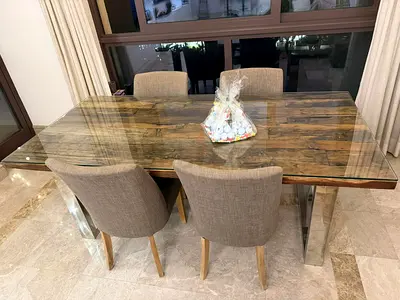 Solid Wood Dining Table with Glass Top + 6 Upholstered Chairs