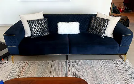Dark Blue Velvet 3-Seater Sofa with Gold Legs — Excellent Condition