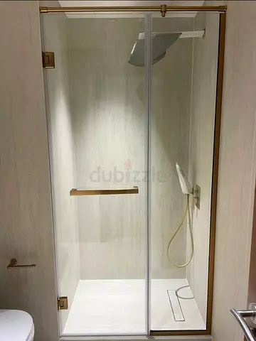 Glass Shower Enclosure with Gold Trim (Frameless Sliding Door) - Good Condition
