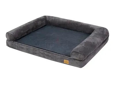 Soft Grey Bolster Dog Bed - Medium/Large, Plush Cushion