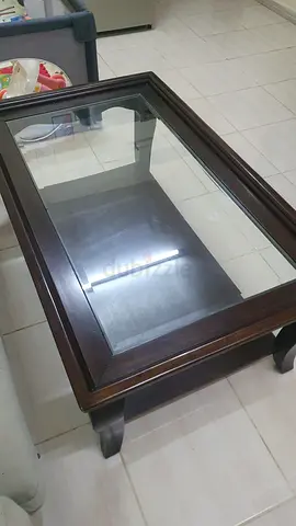 Dark Wood Glass Top Coffee Table - Solid Legs