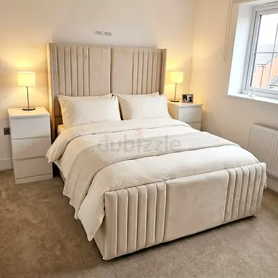 Modern Upholstered Bed Frame with Vertical Fluted Headboard