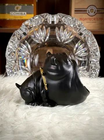 Matte Black Ceramic Bulldog Figurine with Gold Collar