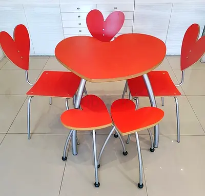 Red Heart-Shaped Dining Set - Table with 4 Matching Chairs & 2 Stools