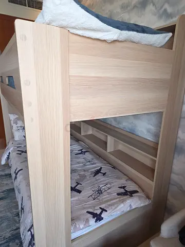 Light Wood Bunk Bed with Built-in Shelves - Perfect Condition