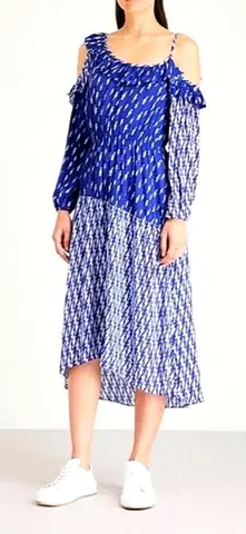 SANDRO Blue patterned off-shoulder long sleeve midi dress, size M-L