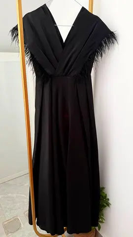Black V‑neck Maxi Dress with Feather Trim (Size unknown)