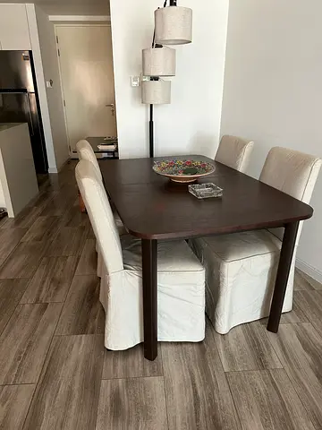Dark Wood Dining Table with 4 Slipcovered Chairs - Good Condition