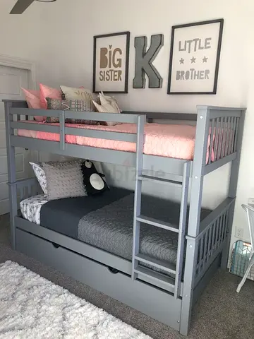 Grey Wooden Bunk Bed with Integrated Ladder and Guard Rails