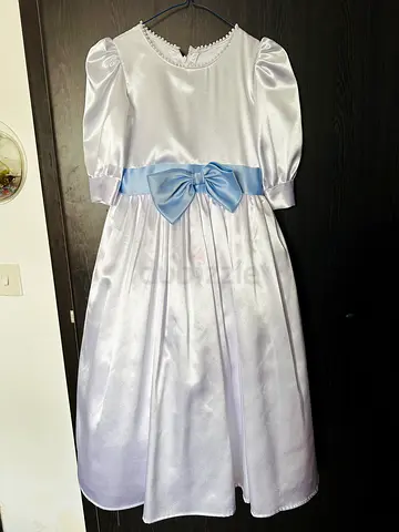White Satin Girls' Party Dress with Blue Bow - Size Unspecified