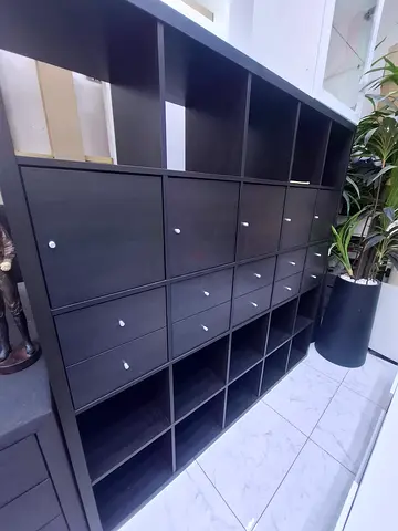 Large Dark Wood Modular Shelving Unit with 12 Drawers and Open Cubes