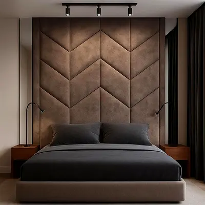 Upholstered King Bed with Tall Padded Chevron Headboard - Dark Brown