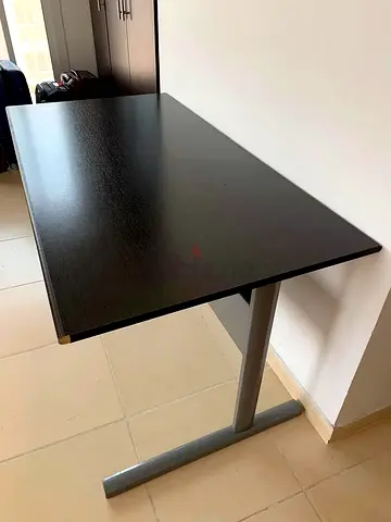 Dark wood study table desk with metal T-leg - good condition