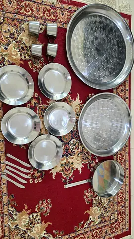 Set of Stainless Indian Steel Trays, plates,cups,knifes