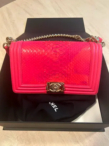Pink Lambskin and Python Old Medium Boy Bag Gold Hardware