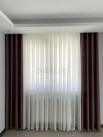 Brown blackout curtains with sheer white voile - set for large window