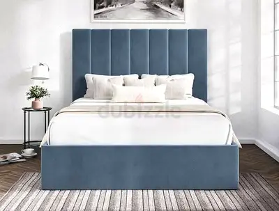 New Upholstered Velvet Double size Bed Frame with Tall Channel Headboard - Blue