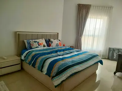 Queen fabric upholstered bed with headboard and mattress - good condition