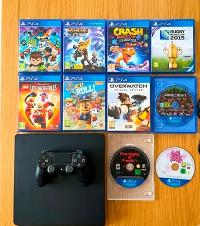 Playstation 4 Slim (12.02 Software) with original controller and 10 games disks