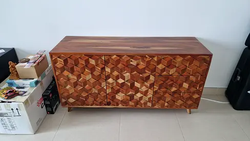 Solid Wood Geometric Pattern Sideboard / Cabinet - Handmade Look