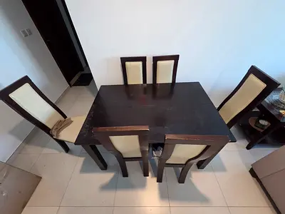 Wooden 6-Seater Dining Table with Cream Upholstered Chairs. Also 2 Side Tables