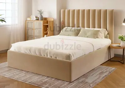 New Beige Upholstered Queen Size Bed with Tall Padded Headboard