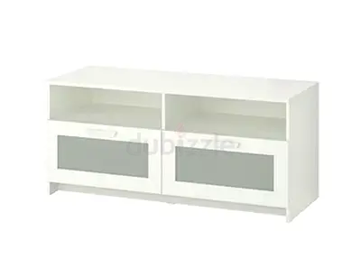 White TV Stand / Media Console with Glass Front Drawers