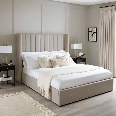 New Beige Upholstered King size Bed with Padded Headboard and Mattress