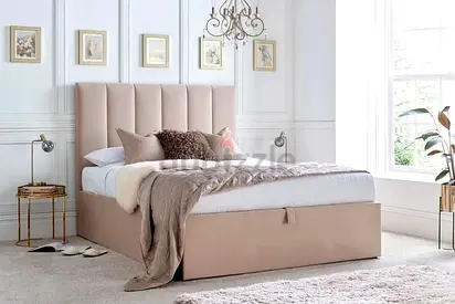 New Upholstered Beige Double Bed with Tall Headboard and Storage