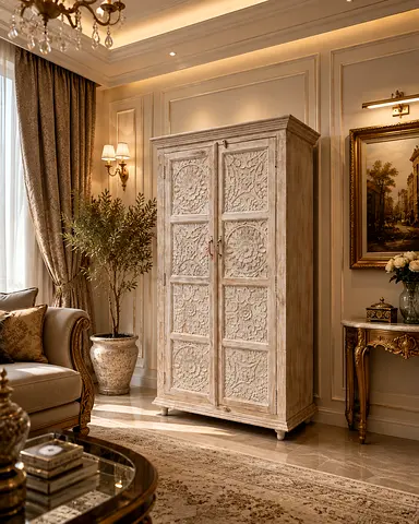 Hand-Carved Vintage Style Wooden Wardrobe / Armoire - Light Distressed Finish