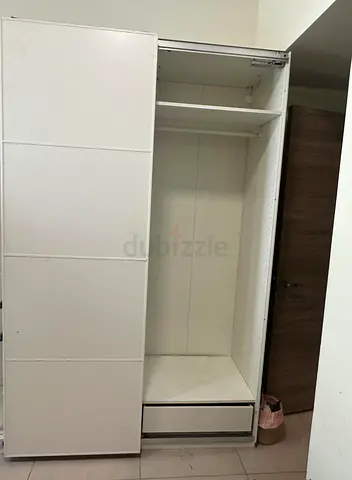 White Sliding Door Wardrobe with Shelves and Drawer - Good Condition