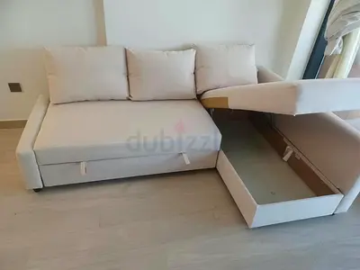 Beige L-Shaped Sofa Bed with Built-in Storage