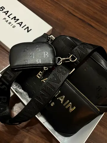 Balmain Paris black leather crossbody bag with matching coin pouch
