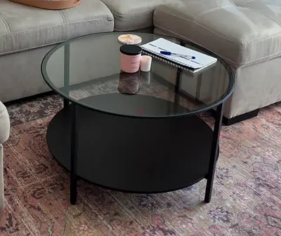 Round Glass Top Coffee Table with Lower Shelf - Black Frame